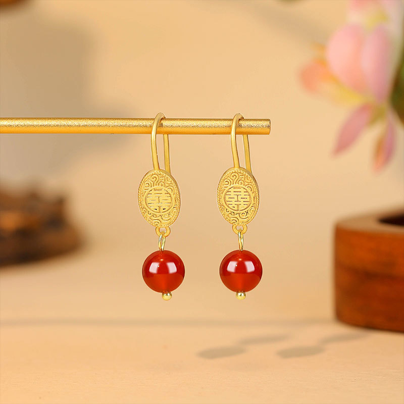Gold Plated Jewelry - Natürliche rote Jade-Perlenohrringe, Talismane, echter Schmuck,